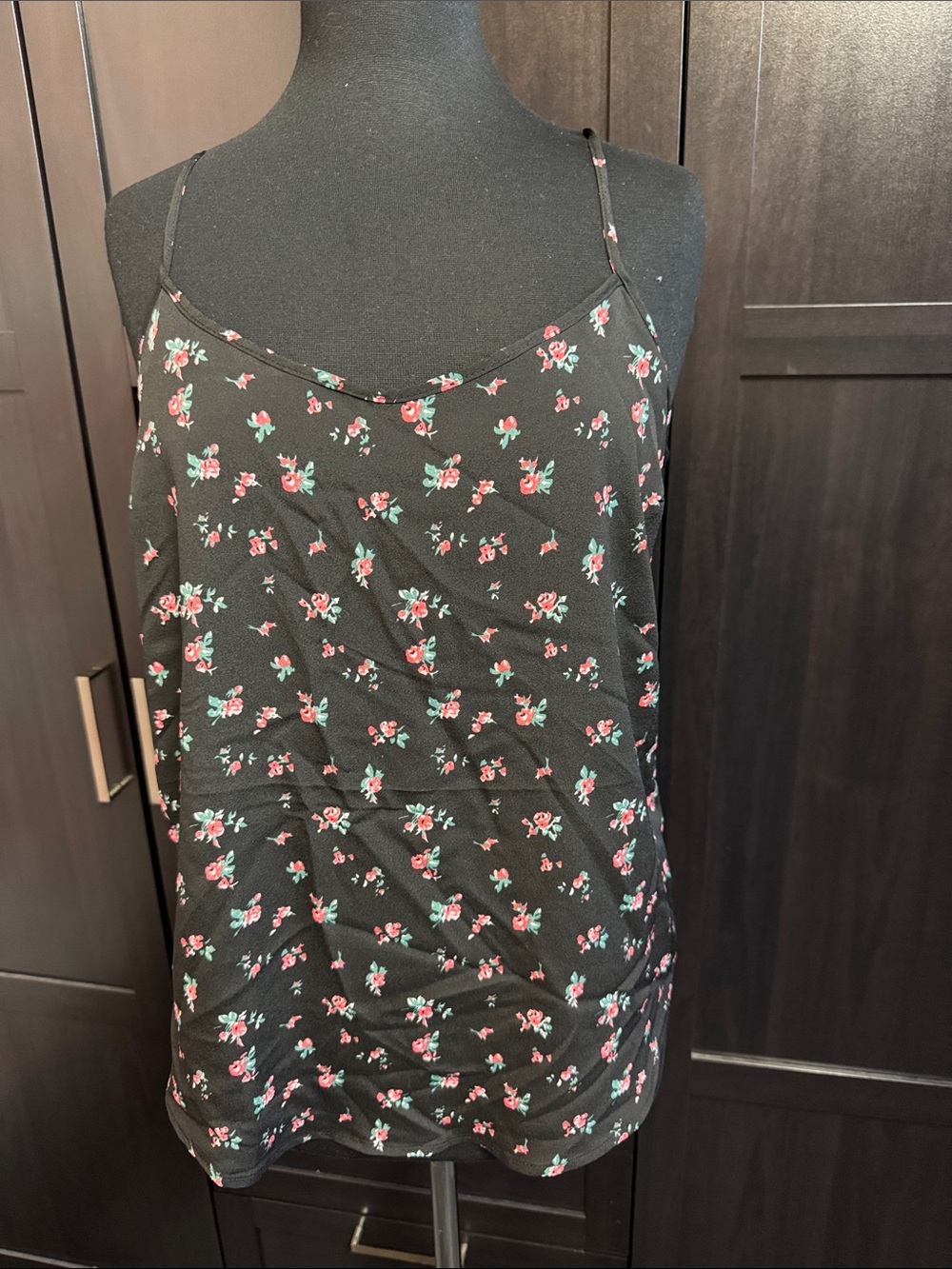 Kismet Black Floral Spaghetti Strap Camisole with Pink & Green Roses